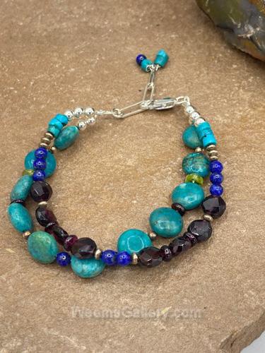 Double strand bracelet with turquoise, garnet, lapis and sterling silver by Suzanne Woodworth